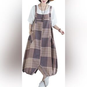 Minibee Loose Jumpsuit Long Baggy Bib Pants Cotton Overalls with Pockets